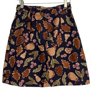Cottagecore Mini Skirt S Autumn Forest Novelty Print Belted Whimsical Navy